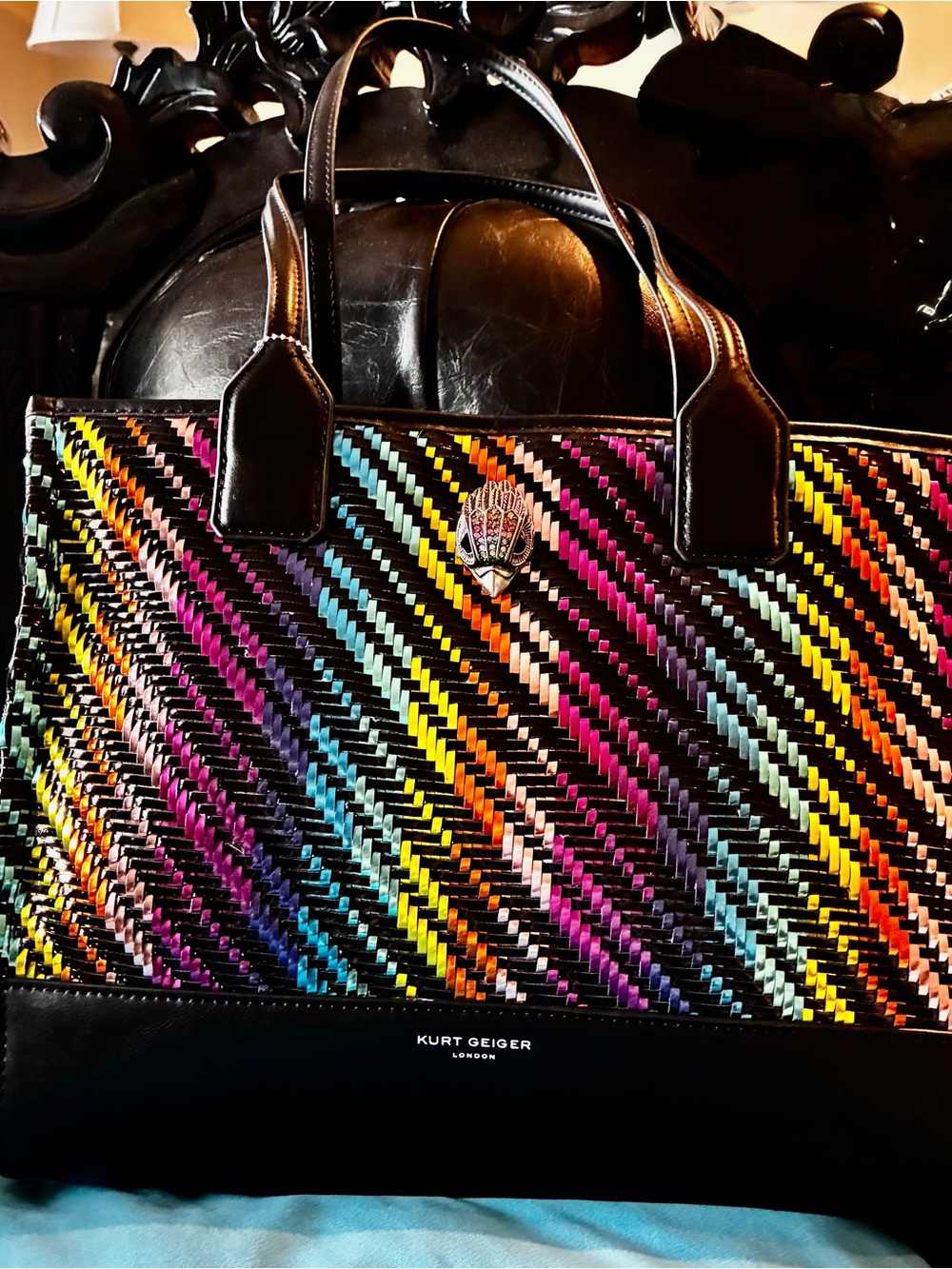 Kurt Geiger KENSINGTON SQUARE TOTE black/multi-metallic woven purse $265 NEW tag - Picture 5 of 16